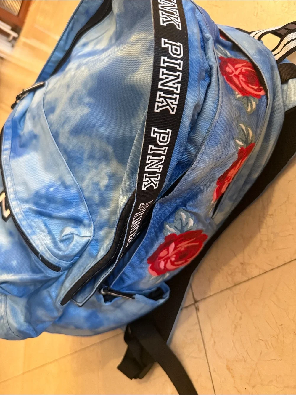PINK Victoria's Secret Blue Tie-Dye Backpack with 'P' Patch